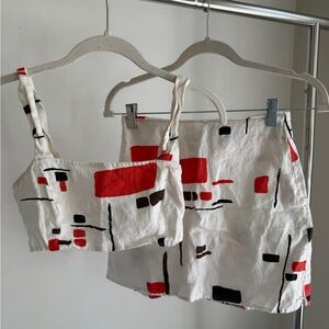 Reformation White Linen Set with Red & Black Graphic Details